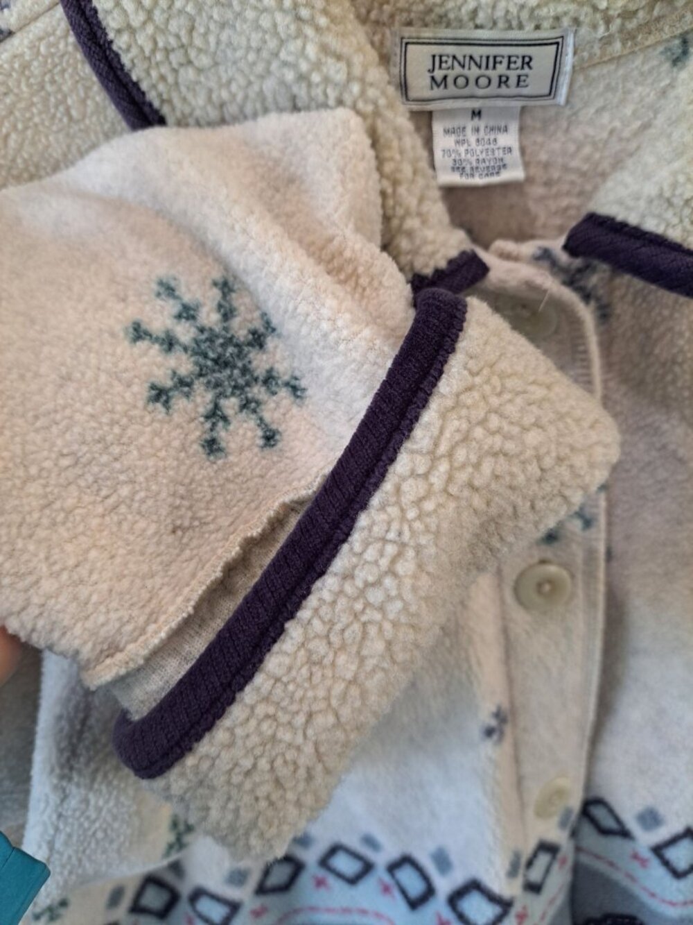 Jennifer Moore Snowflake Tree Fleece Button Up Jacket Medium Embroidered 3D - Picture 5 of 11